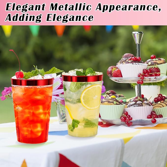 100 Pcs Red Plastic Cups,12 oz Red Rimmed Plastic Cup,Disposable Wine Glasses,Elegant Cocktail Drinking Cup, Clear Party Cups for Wedding Birthday Family Gatherings Holiday