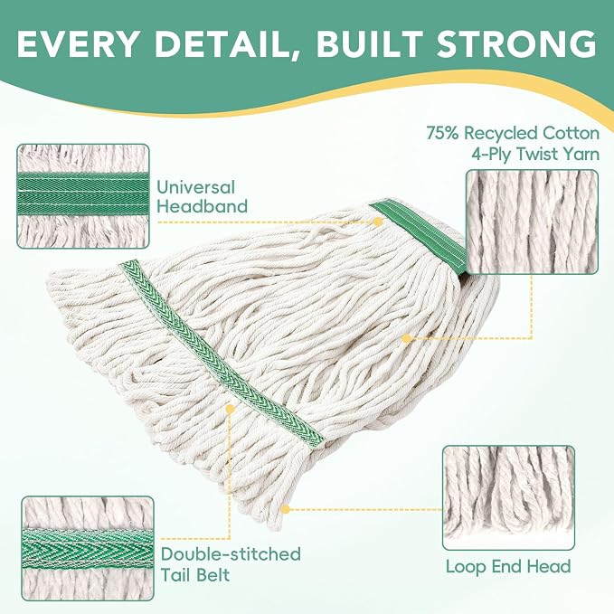 6 Pack Commercial Mop Head Replacement – Heavy Duty Mop Head for General and Floor Cleaning | Industrial Wet Mops | Washable Refill, Reusable, Looped End Mopheads | Hardwood, Concrete（White）