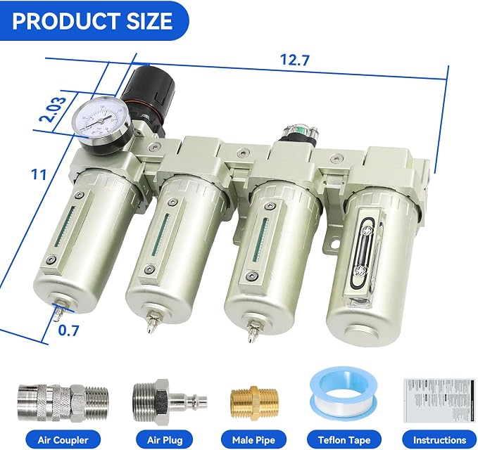 1/2" Air-Dryer-for-Compressor, 4 Stage 3Filter&1Dryer System,Manual Drain | NPT Industrial Grade Air-Compressor-Water-Separator-System for Plasma Cutter and Paint Spray