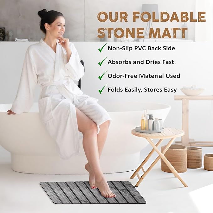 Foldable Stone Dish Drying Mat for Kitchen Counter, 24” x 16” Large Diatomaceous Earth Quick Dry Mat, Absorbent Sink Tray with Brush for Dishes, Cups, and Bottles