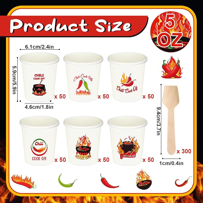 600 Pcs 5 oz Chili Cook off Party Decorations Include 300 Pcs Disposable Paper Chili Tasting Cups and 300 Pcs Wooden Spoons for Chili Cook off Decorations Party Supplies