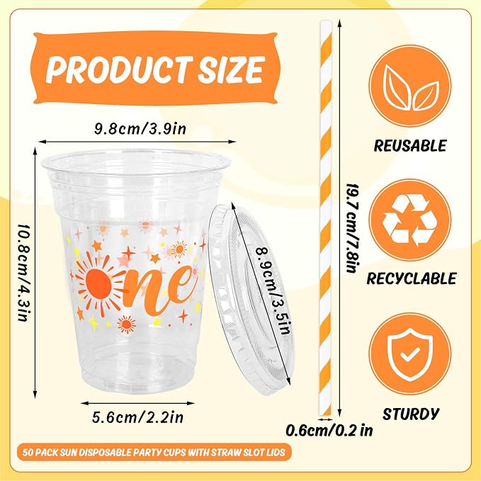 Whaline 50 Pcs One Sun Disposable Plastic Cups with Lids and Straws 12 Oz Boho Sunshine Cold Beverage Drinking Cups for First Birthday Baby Shower Party Supplies