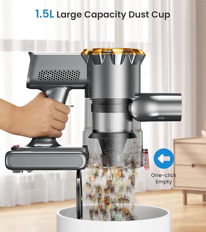 CHEBIO Cordless Vacuum Cleaner, 550W/45Kpa Vacuum Cleaners for Home with LED Display, Anti-Tangle&Wall Mount, 65Mins Wireless Vacuum, 8 in 1 Lightweight Stick Vacuum for Hard Floor/Carpet/Hair (Gold)