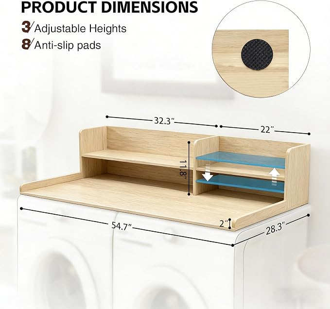 Laundry Topper For Washer And Dryer,Adjustable Washer Dryer Countertop | Natural Laundry Room Countertop 2 Tier,Shelf For Folding & Storage,Fits Standard Washers & Dryers, Laundry Room Organization