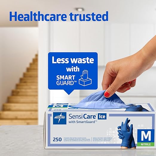 Medline MDS6800 SensiCare Ice Nitrile Exam Glove, Powder-Free with SmartGuard Film, 9.5" Length, XS, Dark Blue, Pack of 2500