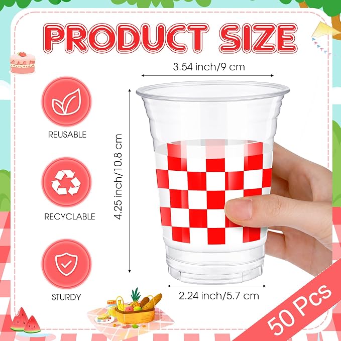 SiliFine 50 Pcs 12 oz Red Checkered Plastic Cups Clear Disposable Gingham Plaid Party Cups for She's Ready to Pop Baby Shower Decorations Birthday Barbecue Party Supply