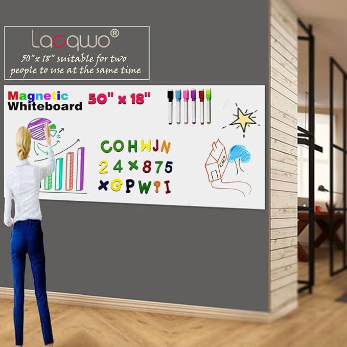 Magnetic Dry Erase Whiteboard Paper for Wall 50" x 18" Self Adhesive White Board Sticker with 12 Magnet Marker and Magnetic Eraser for Office Home Whiteboard Wallpaper Peel and Stick