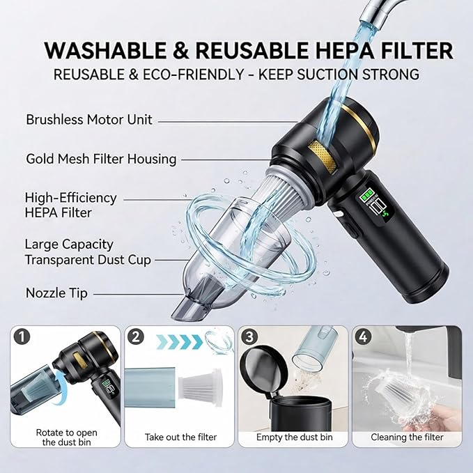 Handheld Car Vacuum Cleaner, 17000Pa High Power Cordless Vacuum Cleaner, 4-in-1 Portable Mini Air Duster, with LED Light and Multi-Nozzles, Vacuum for Car, Home, Office, Pet Hair