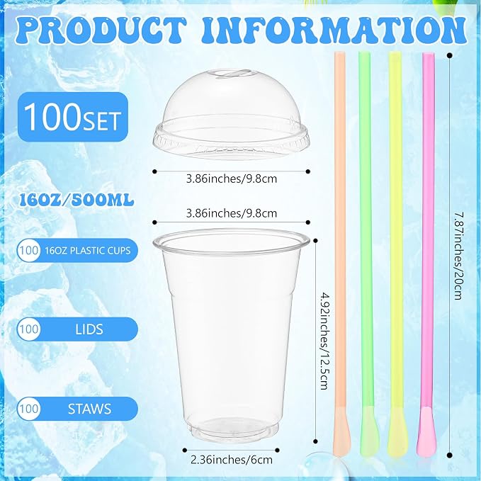 Reallnaive 100 Sets 16 oz Clear Slushie Cups with Dome Lids and Snow Cone Spoon Straws, Disposable Smoothie Cold Drinking Cups for Party Iced Coffee Cold Drinks Juice Milkshake