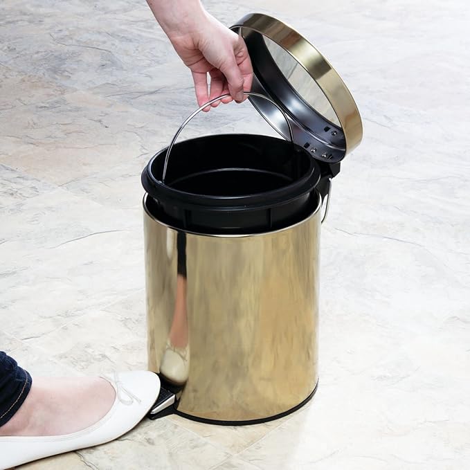 mDesign Metal Steel/Plastic Toilet Bowl Brush/Holder and Round 1.3 Gallon/5L Step Trash Can Combo Set for Bathroom; Holds Trash, Recycling, Deep Cleaning, Mirri Collection, Brass