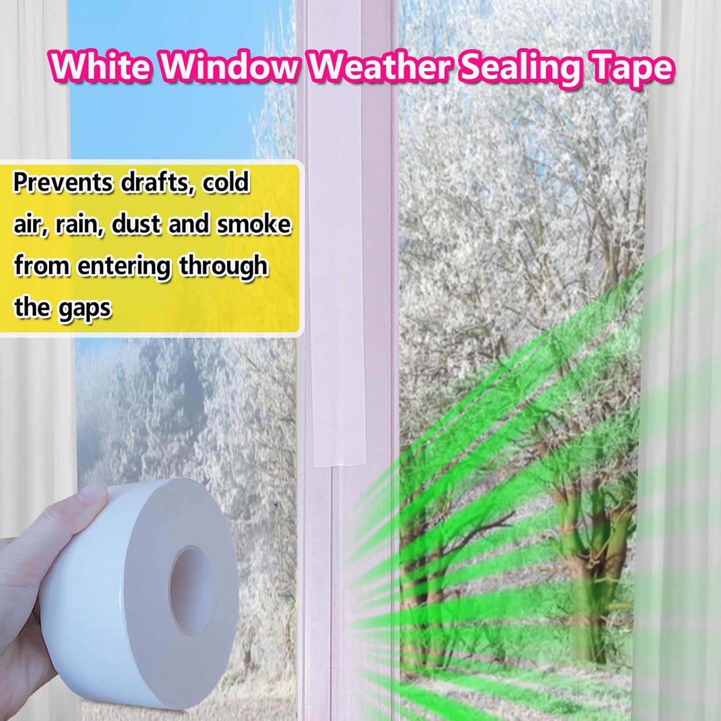White Window Weather Sealing Tape, Waterproof Window AC Air Conditioner Sealing Tape Can Keep Out Drafts Cold Air Rain Dust Smog(2IN X 99FT)