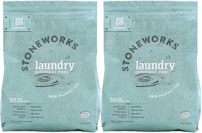 Grab Green Stoneworks Laundry Detergent Pods, 100 Count, Fragrance Free | EPA Safer Choice; Plant & Mineral-Based; Fights stains; Eliminates odors; Softens naturally; No Harsh Chemicals
