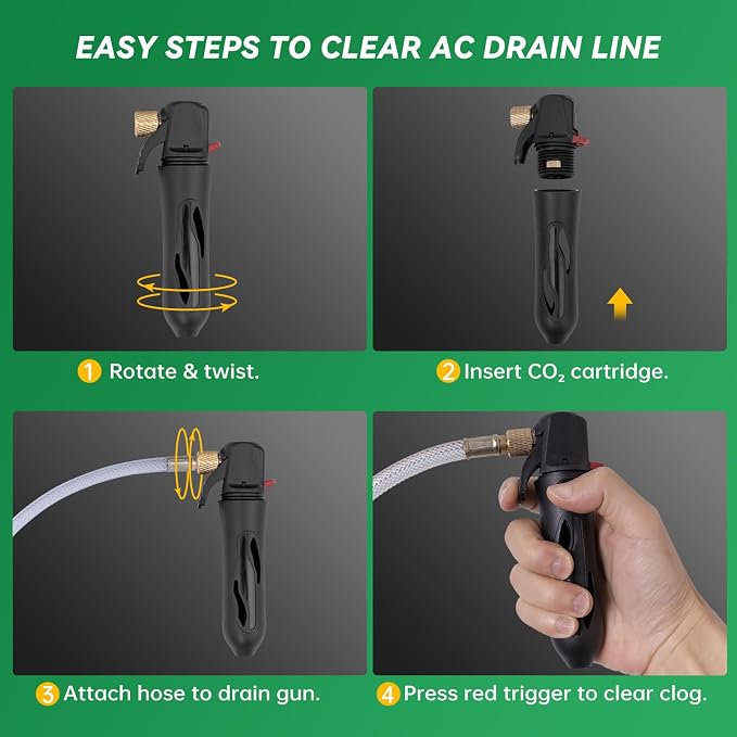 Upgraded Drain Device, AC Drain Line Cleaner Device, AC Drains Line Unclogger Tool, with 6 Unthreaded CO2 Cartridges, with a Flexible Hose to Clear All HVAC Clogs,16 Gram Unthreaded CO2,Black