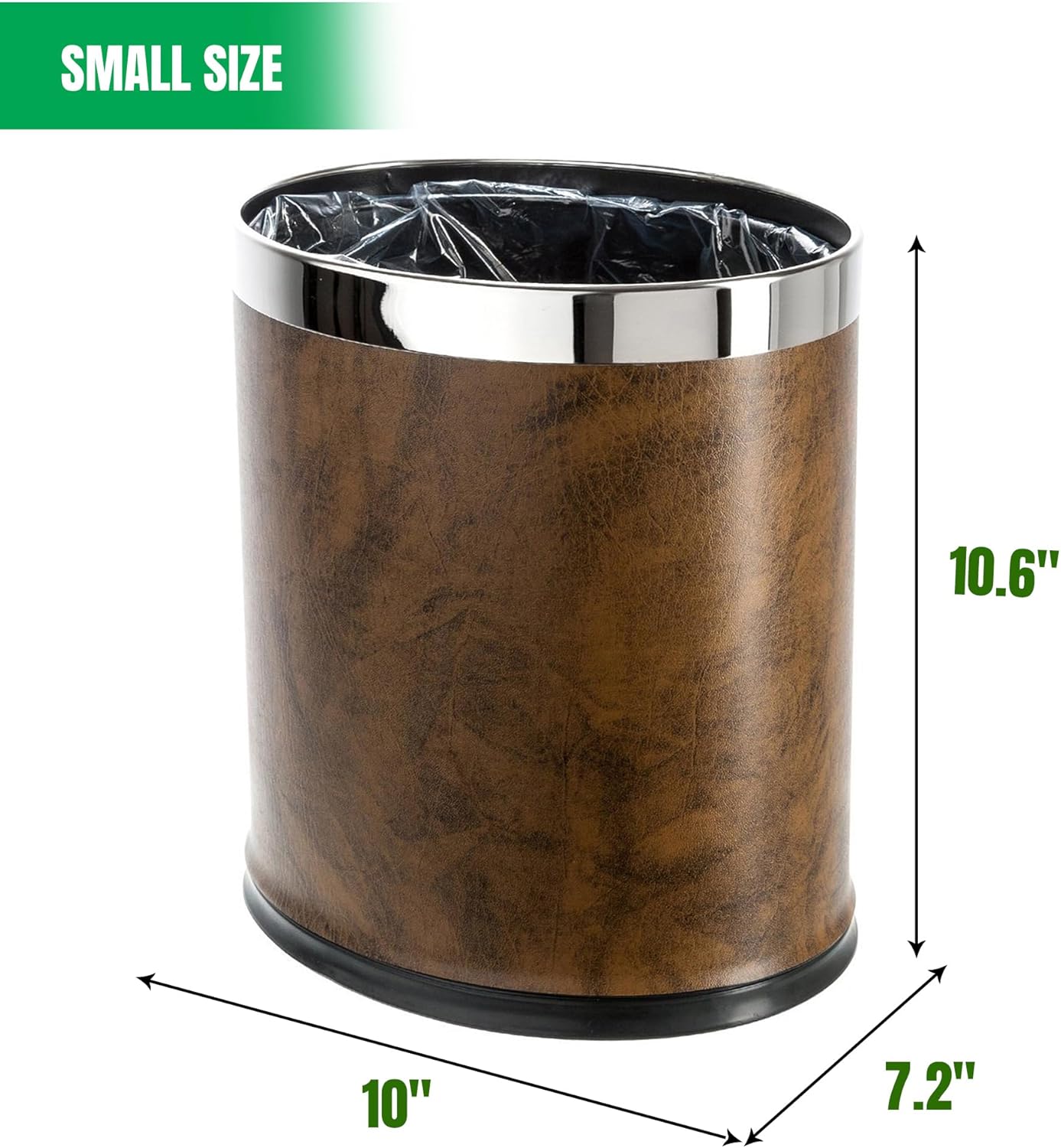 'Invisi-Overlap' Open Top Leatherette Trash Can, Small Office Wastebasket, Modern Home Décor, Oval Shape (Brown)