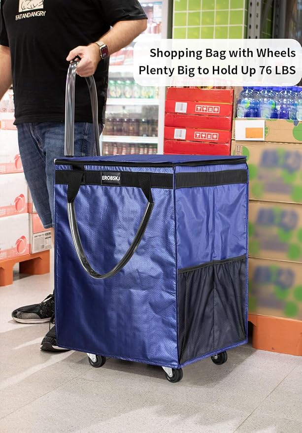 (Medium, Navy) Reusable Grocery Bag on Wheels, 70L Foldable Rolling Tote, Extra Storage for Shopping, Zipper Clouser Shopping Carts for Groceries, Laundry, Organization, Moving,4 Heavy Duty Wheels | Bag on Wheels