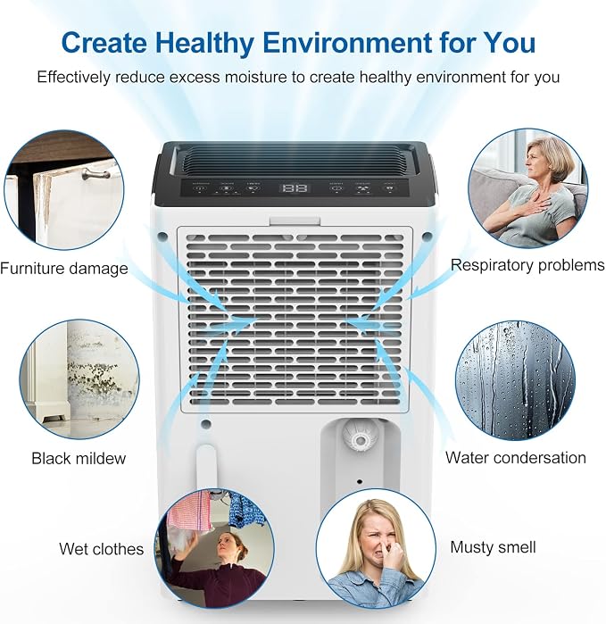 Aiusevo 21-Pint Dehumidifier for Home and Large Room up to 1500 Sq. Ft.,Dehumidifiers for Basement with Drain Hos Drain Hose, Auto Humidity Control, 3 Modes, 24-Hour Timer