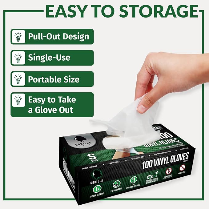 GORILLA SUPPLY Disposable Heavy Duty Vinyl Gloves Latex & Powder Free, BPA Free Food Safe, 100, 300, 1000, S, M, L, XL