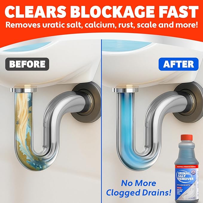 Commercial-Grade Urinal Salt Remover – 4 Uses – Made in USA – Odor Neutralizing Urinal Cleaner for Salt, Calcium, Rust and Scale Build-Up – Safe For All Plumbing – 32 fl oz