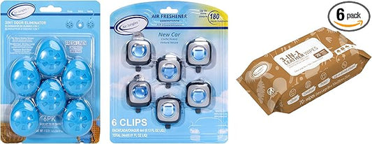 Air Jungles 3-in-1 Fresh Linen Odor Eliminator Balls 6 Count, New Car Scent Car Air Freshener Clip, 6 Vent Clips, and 3in1 Leather Cleaner Wipes 70 Count