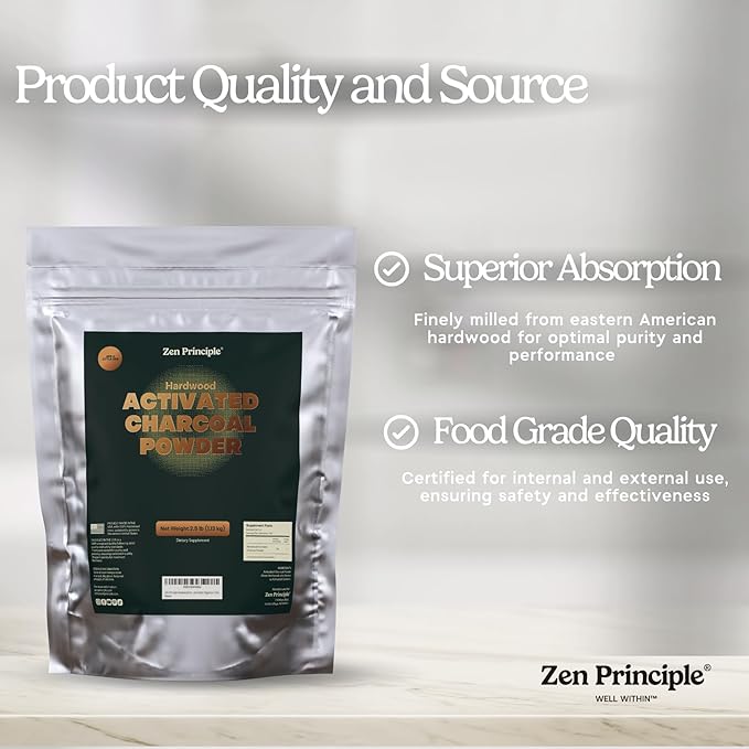Zen Principle Hardwood Activated Charcoal Powder 100 Percent from USA Trees. All Natural. Whitens Teeth, Rejuvenates Skin and Hair, Supports Better Digestion, 40 Oz