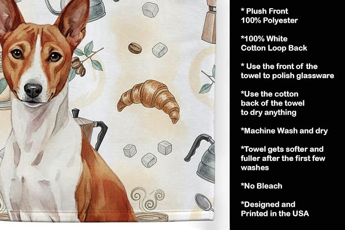 Caroline's Treasures Red and White Basenji Coffee Bar Kitchen Towel Velour Plush Front and Cotton Loop Back Machine Washable