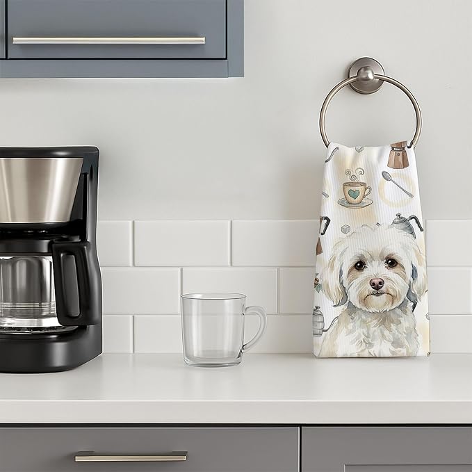Caroline's Treasures White Havanese Coffee Bar Kitchen Towel Velour Plush Front and Cotton Loop Back Machine Washable