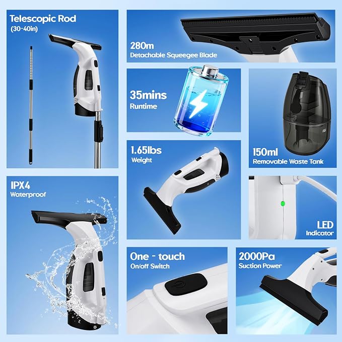 Window Vacuum Squeegee Cordless with Extension Pole 31-40", 2000Pa Window Cleaner Tool with 2200mAh & 150ml Dirty Water Tank, Reusable Cleaning Cloth Head, for Shower Door, High Window &Car Windshield