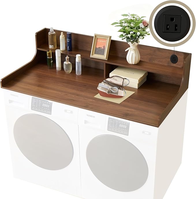 2-Tier Washer and Dryer Countertop 54" W x 27.5" D – laundry countertop over washer and dryer with Power Plug, washer countertop for Laundry Room Organization