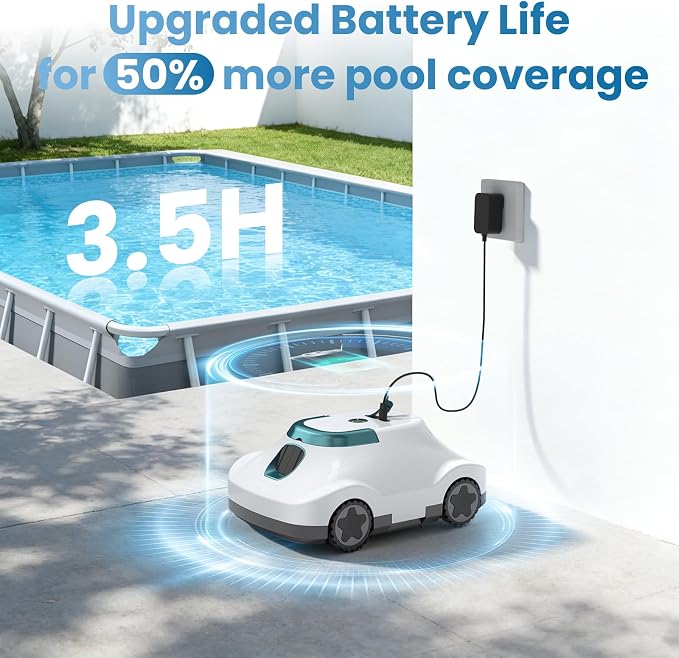 (2026 Upgrade) Cordless Robotic Pool Cleaner, Automatic Pool Vacuum for Above Ground & Inground Pools, 180-Min Runtime, 3L Basket for Leaves & Debris, Auto-Parking, Powerful Suction (White-Green)