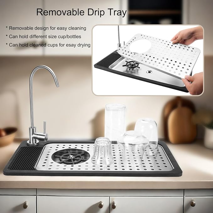 DIBTSA Pitcher Rinser, Stainless Steel Countertop Glass Rinser Cup Washer Sink with Side Spray,Drip Tray for Home Cafe Restaurant