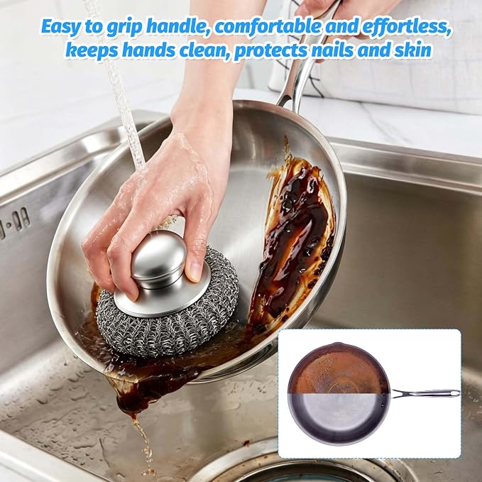 50Pcs Steel Wool Scrubber with 2 Handles, Stainless Steel Scrubber Pads for Dishes, Pots, Pans, Grill, Oven, Kitchen Cleaning, Rust Resistant Heavy Duty Scouring Pads