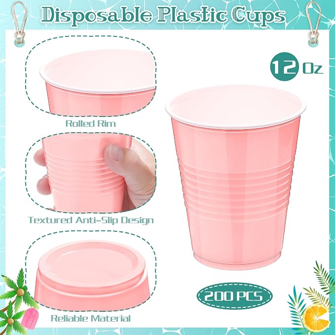 Kochorie 200 Pack Pink Disposable Plastic Cups 12 Ounce Drinking Party Cups Bulk Party Cups for Wedding Birthday Graduation Christmas Parties, Picnics Events
