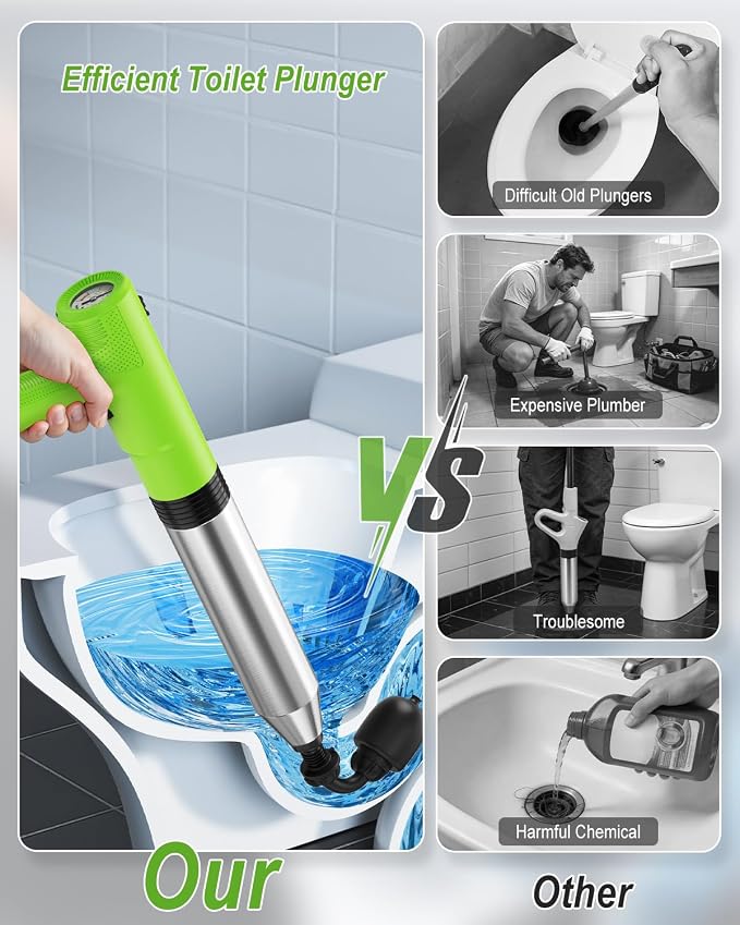 Ublue Electric Toilet Plunger, 4 in 1 High Pressure Toilet Unclogger with Multi-Purpose Heads & Automatic Inflation, Heavy Duty Drain Clog Remover for Bathroom, Washbasin and Floor Drain