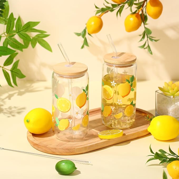 Sliner 2 Pcs Lemon Glass Cups Summer Drinking Tumbler 16 oz Iced Coffee Cup with Lid Straw Cleaning Brush Cute Beer Can Tumbler Holiday Gifts for Spring Summer Home Office Decorations