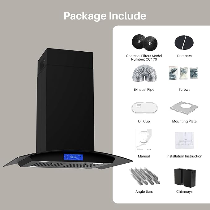 FIREGAS Black Island Range Hood 30 Inch, 700 CFM Island Kitchen Hood with Touch & Gesture Control, 3 Speed Fan, LED Lights, Ducted/Ductless Convertible Stove Vent Hood
