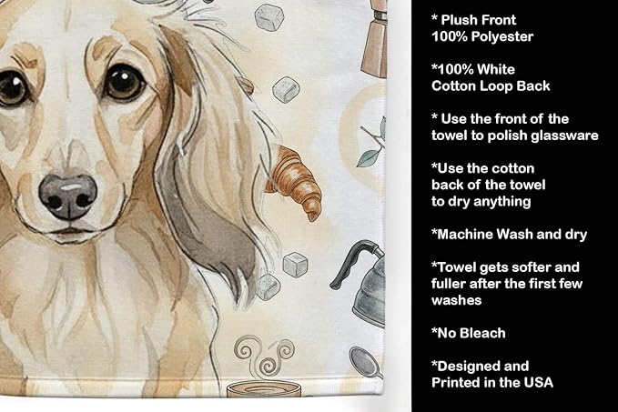 Caroline's Treasures Longhaired Cream Dachshund Coffee Bar Kitchen Towel Velour Plush Front and Cotton Loop Back Machine Washable