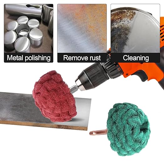 9PCS Scouring Pads Abrasive Buffing Polishing Wheel Drill Attachment Set, Non Woven Wheel Polishing Kit for Drill,Power Scrubber Drill Polishing Kit（Green red Gray 1/4” Shank