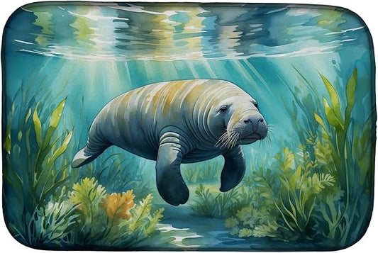 Caroline's Treasures Manatee in a Seagrass Bed Dish Drying Mat Absorbent Dish Drying Mat Pad for Kitchen Counter Dish Drainer Mat for Countertop, 14 x 21", Multicolor