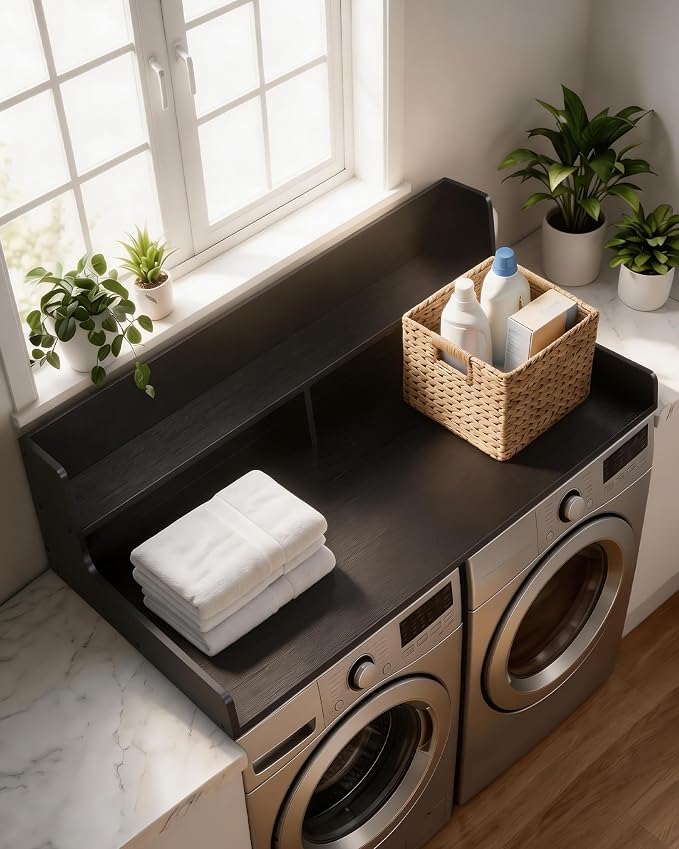 Takywep 2 Tiers Washer Dryer Countertop, 54" x 27.5" Washer Dryer Topper with Edge, Washer and Dryer Laundry Topper with Anti-Slip Pads & Anti-Vibration Mat, Black