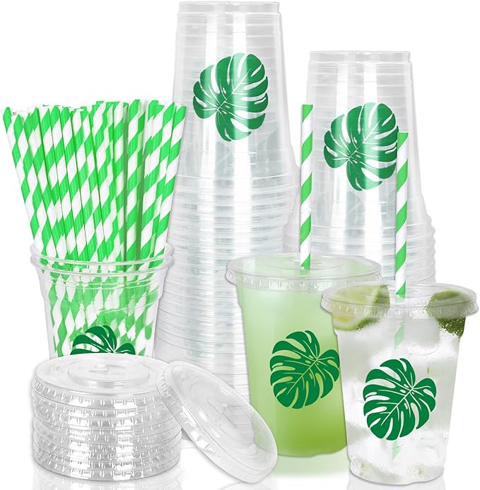 Whaline 50Pcs Tropical Palm Leaf Disposable Plastic Cups with Lids and Straws 12Oz Green Monstera Cold Beverage Drinking Cup for Summer Hawaiian Luau Birthday Party Supplies