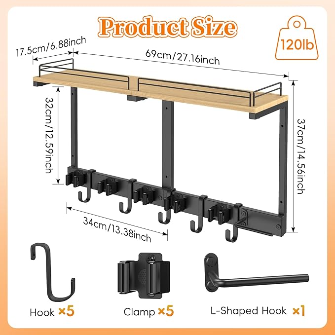 HOOMESUN Broom Holder Wall Mount with Shelf & Guard Rail, Upgraded No-Fall Storage, 120 lbs Heavy Duty Cleaning Organizer, 5 Clamps 4 Hooks, Thick Metal & Wood Rack for Laundry Room Garage