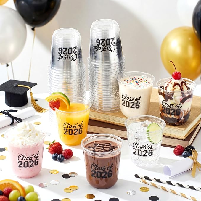 Potchen 50pcs Graduation Cups Class of 2026 12oz Clear Plastic Graduation Party Cups for 2026 Celebration Party Supplies Congrats Grad Tableware Decoration(Black)