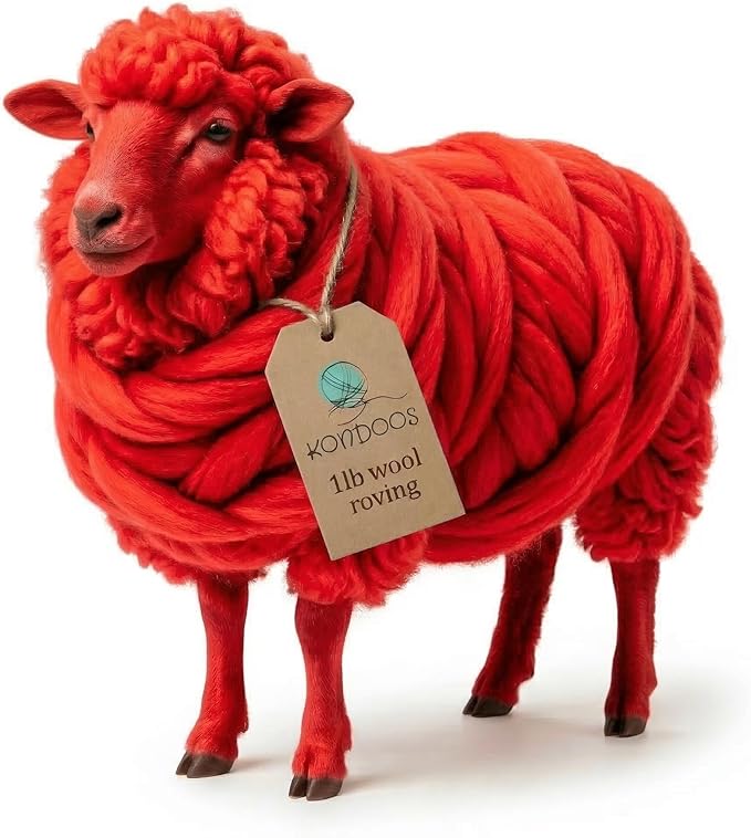 Colored Natural Wool roving, 1 lb. Best Wool for Needle Felting, Wet Felting, handcrafts and Spinning. (Red, 1 lb)