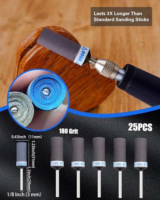 180 Grit Sanding Drums for Dremel Rotary Tools Accessories, 25PCS Sanding Bits Kit for Dremel Sanding Bands with 1/8 inch Shank, Sandpaper Sticks Set for Plastic Wood Metal Grinding Polishing