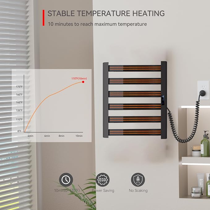 6-Bar Wall Mounted Towel Warmer Rack, Electric Heated Towel Rack for Bathroom, Fast Heating & Constant Temperature, Built-in Timer & Adjustable Temp, Plug-in, Matte Black