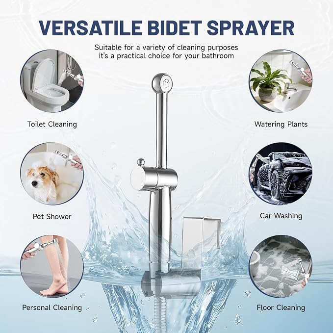 Chrome Handheld Bidet Sprayer for Toilet with Bidet Hose Brass Cloth Diaper Sprayer Bathroom Toilet Attachment for Feminine Wash, Wall Mount or Toilet Mount
