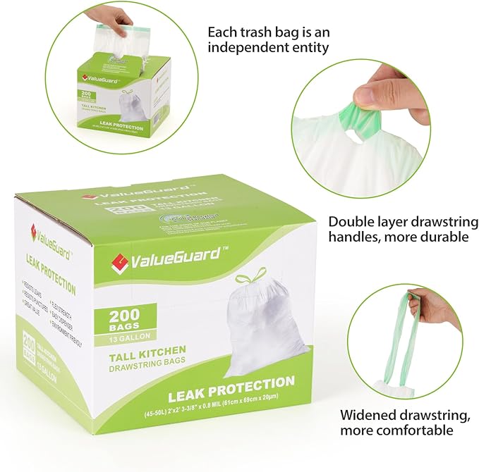 ValueGuard Large Trash Bag 13 Gallon Tall Drawstring 100% Post-Consumer Recycled Garbage Bag Waste Bag for Kitchen Office 0.8 Mil (200 Count)