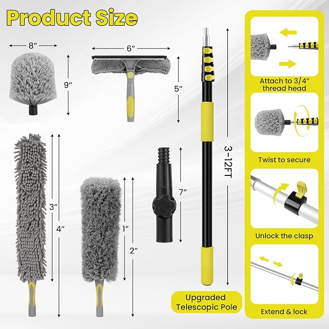 20FT High Ceiling Duster Kits with 3-12 Ft Extension Pole, Fan Blade Cleaner, Cobweb Duster, Window Squeegee Kit, Spider Web Brush for High Window, Interior Roof