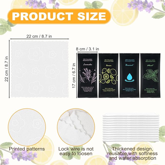 Moist Cotton Towel Bulk Moist Towelettes Individually Wrapped 8.7" x 8.7",White Towel Services,Refreshment Pre Moistened Towels Lavender,Lemon,Mint and Unscented for Sport Party Spa (pack of 100)