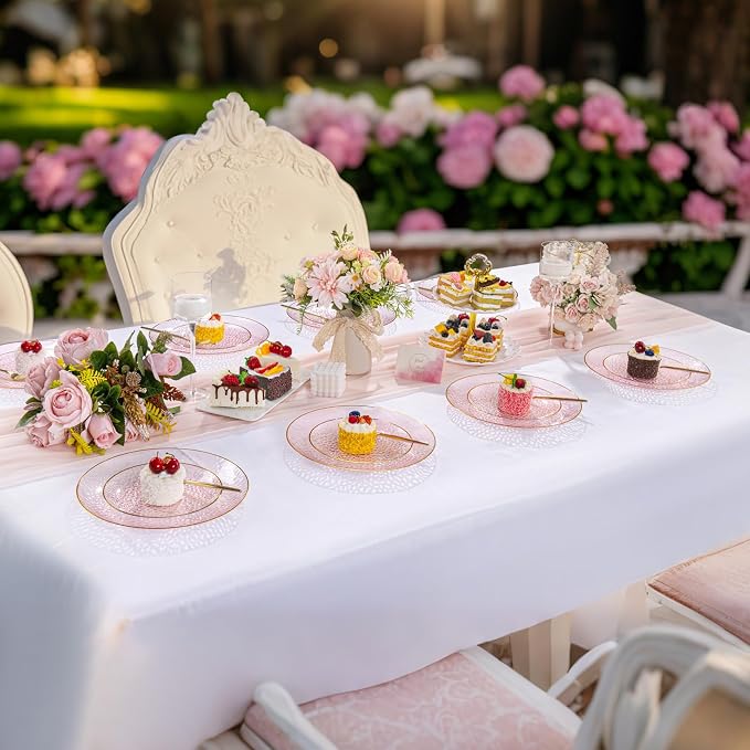DaYammi 240Pcs Pink Plastic Plates Including 120Pcs Pink Dessert Plates and 120Pcs Gold Plastic Forks,Hammered Party Plate,pink and Gold Appetizer plates Heavy duty Disposable Cake Plate for Party